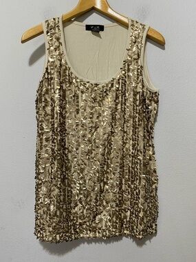 Verve Women’s Size Medium Sequin Mesh Tank Top Cream/Gold Funky Glitz